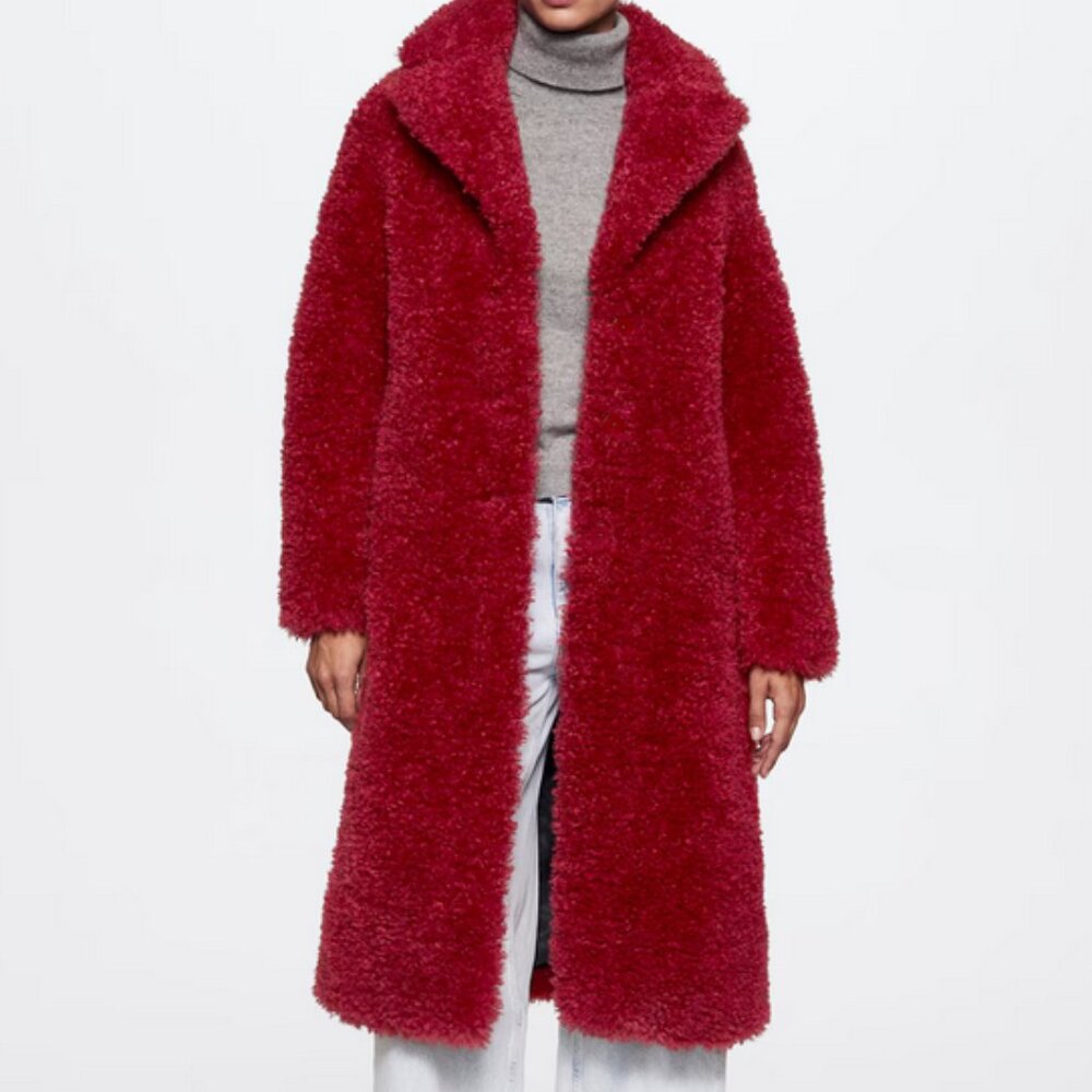 NWT MANGO women's faux fur eureka red boucle long winter coat M